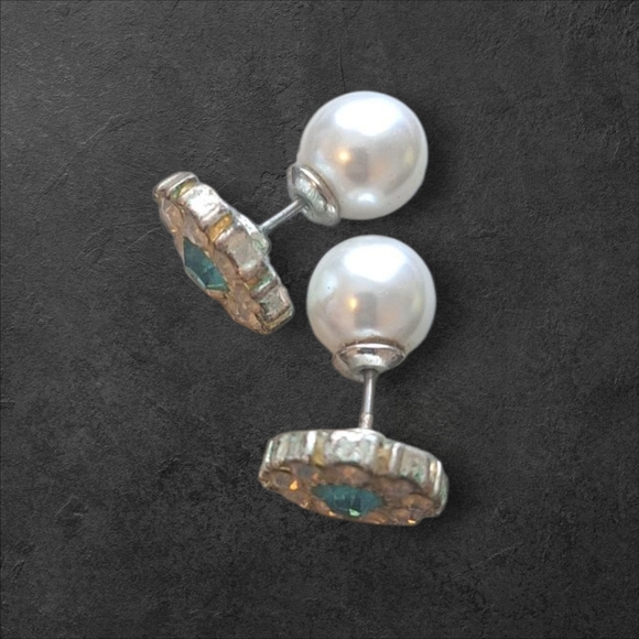 Vintage Reversible Silver Pearl Turquoise Color Rhinestone Earring 2 In One